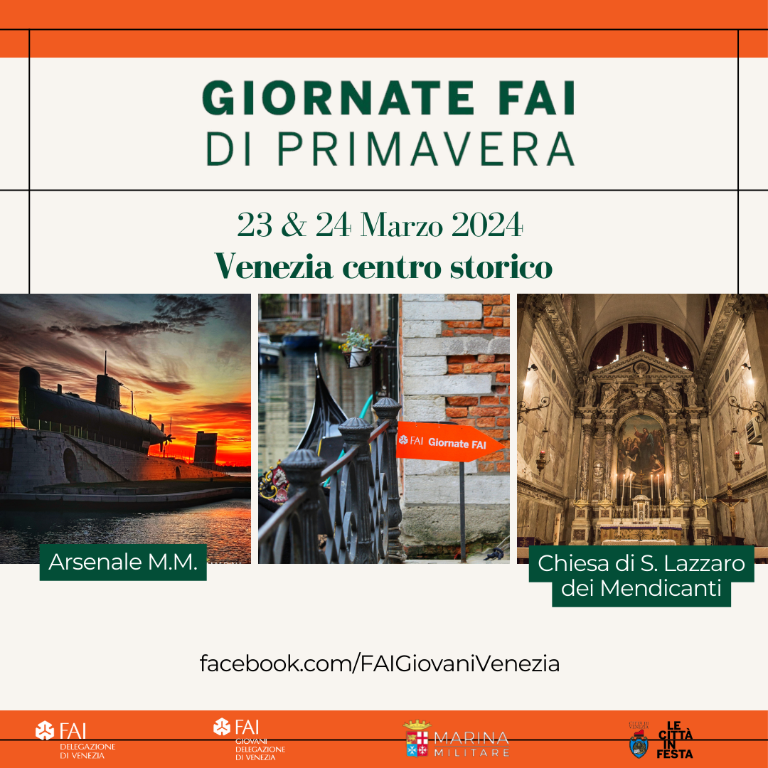 Composizione grafica con tre foto (sottomarino al tramonto, scorcio di Venezia, interno di una chiesa) e testo con informazioni