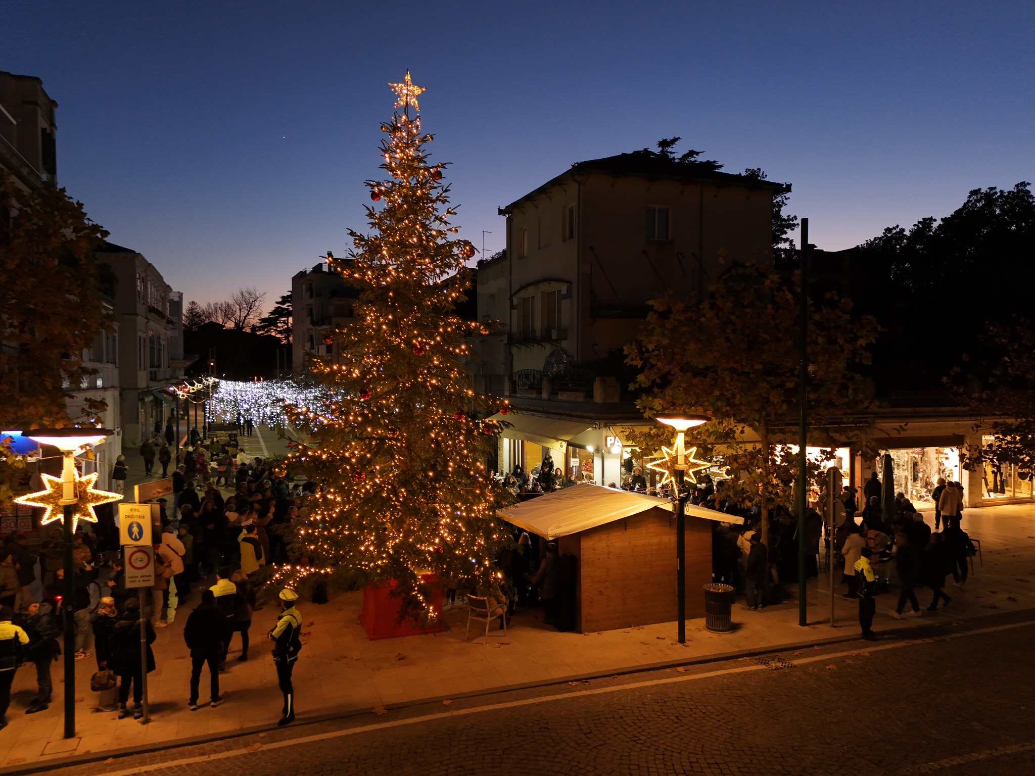 Albero di Natale illuminato e casette di legno in una via cittadina affollata