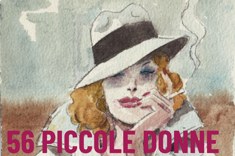 Primo piano in stile fumetto di una donna con cappello a tesa larga e sigaretta in mano