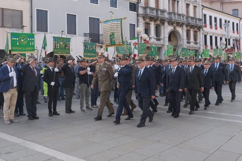 Gruppo di uomini anziani, in abito o divisa, col cappello da alpino sfilano in una via cittadina reggendo degli stendardi 