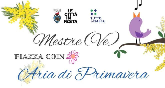 Grafica: in basso, titolo dell'evento; in alto; loghi e immagini primaverili (mimosa, uccellino, fiore)