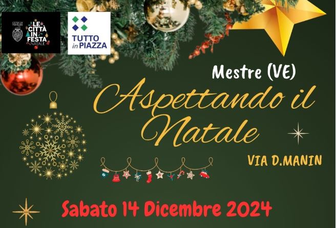 Grafica: titolo dell'evento contornato da elementi natalizi, come stelle e palle dell'albero di Natale