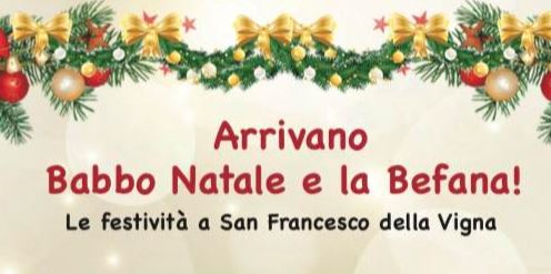 Grafica con festone natalizio e scritta "Arrivano Babbo Natale e la Befana!"