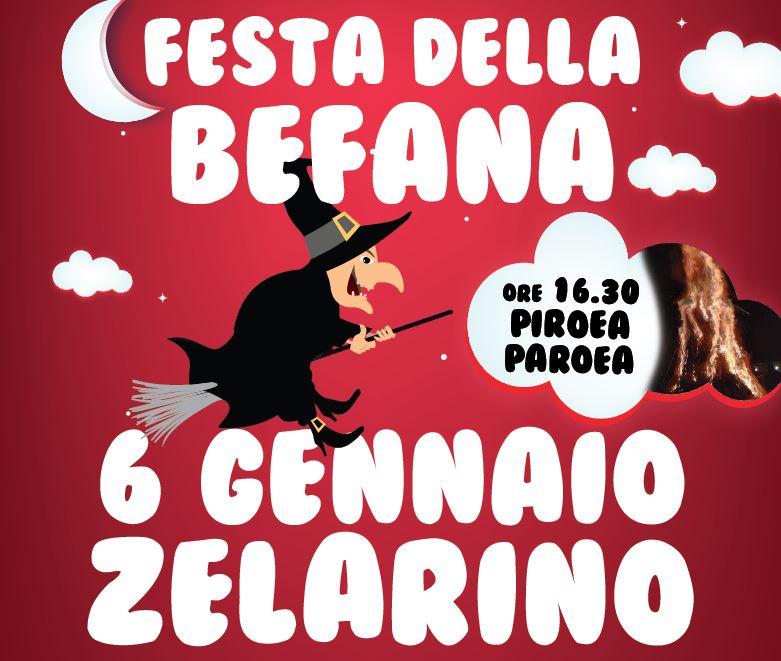 Grafica con disegno della Befana a cavallo della scopa e titolo dell'evento