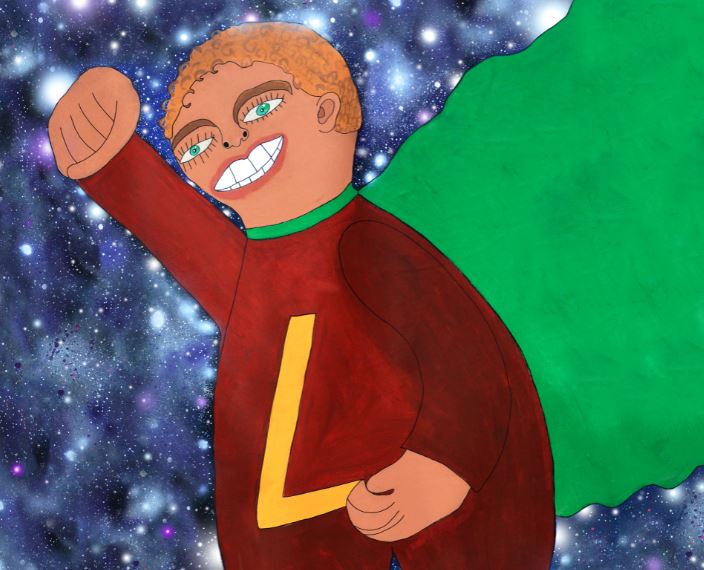 Disegno con tratti infantili che rappresenta un bambino con mantello da supereroe in un cielo stellato