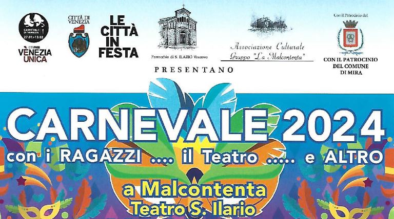 Grafica con elementi carnevaleschi, titolo dell'evento e loghi