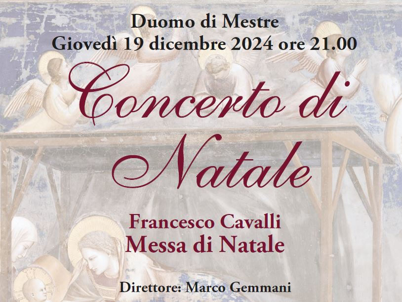 Grafica: titolo dell'evento e informazioni; sullo sfondo dipinto che ritrae la Natività