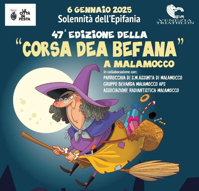 Grafica: disegno della Befana a cavallo di una scopa. In alto, titolo dell'evento, loghi e informazioni