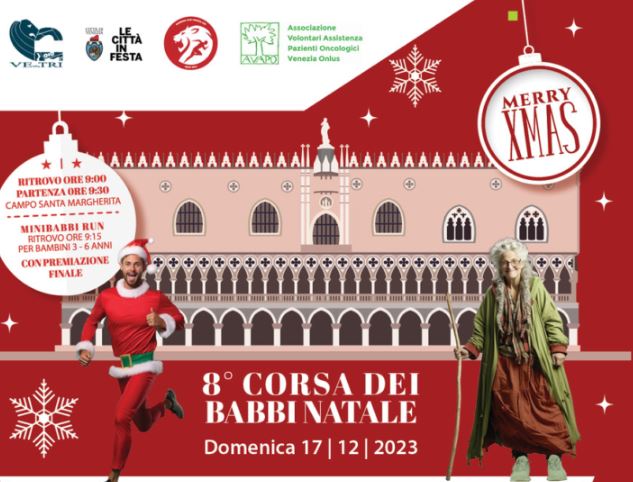 Composizione grafica: corridore vestito da Babbo Natale davanti al Palazzo Ducale di Venezia