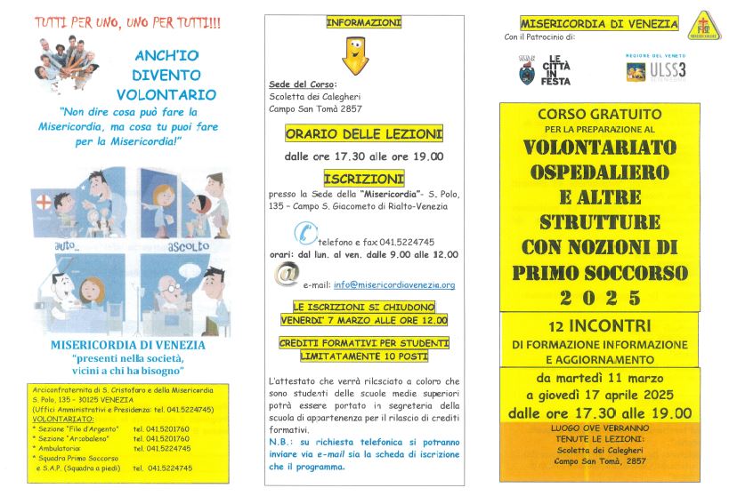 Grafica: volantino diviso in tre colonne con riquadri, testo e vignette che ritraggono volontari ospedalieri