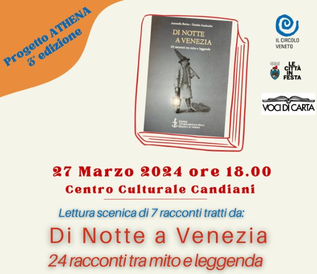 Composizione grafica con in alto copertina di libro con persona che regge una lanterna, in basso titolo dell'evento e info