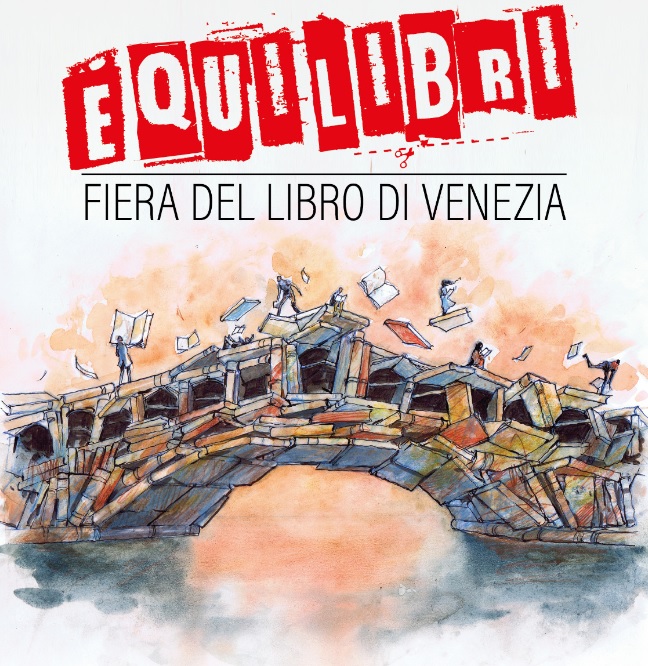 Grafica: disegno del ponte di Rialto fatto con libri sotto alla scritta "Equilibri"