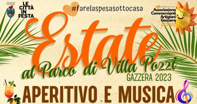 Grafica: scritta "Estate al Parco di Villa Pozzi" tra elementi grafici che rimandano all'estate (sole, palme, ecc.)