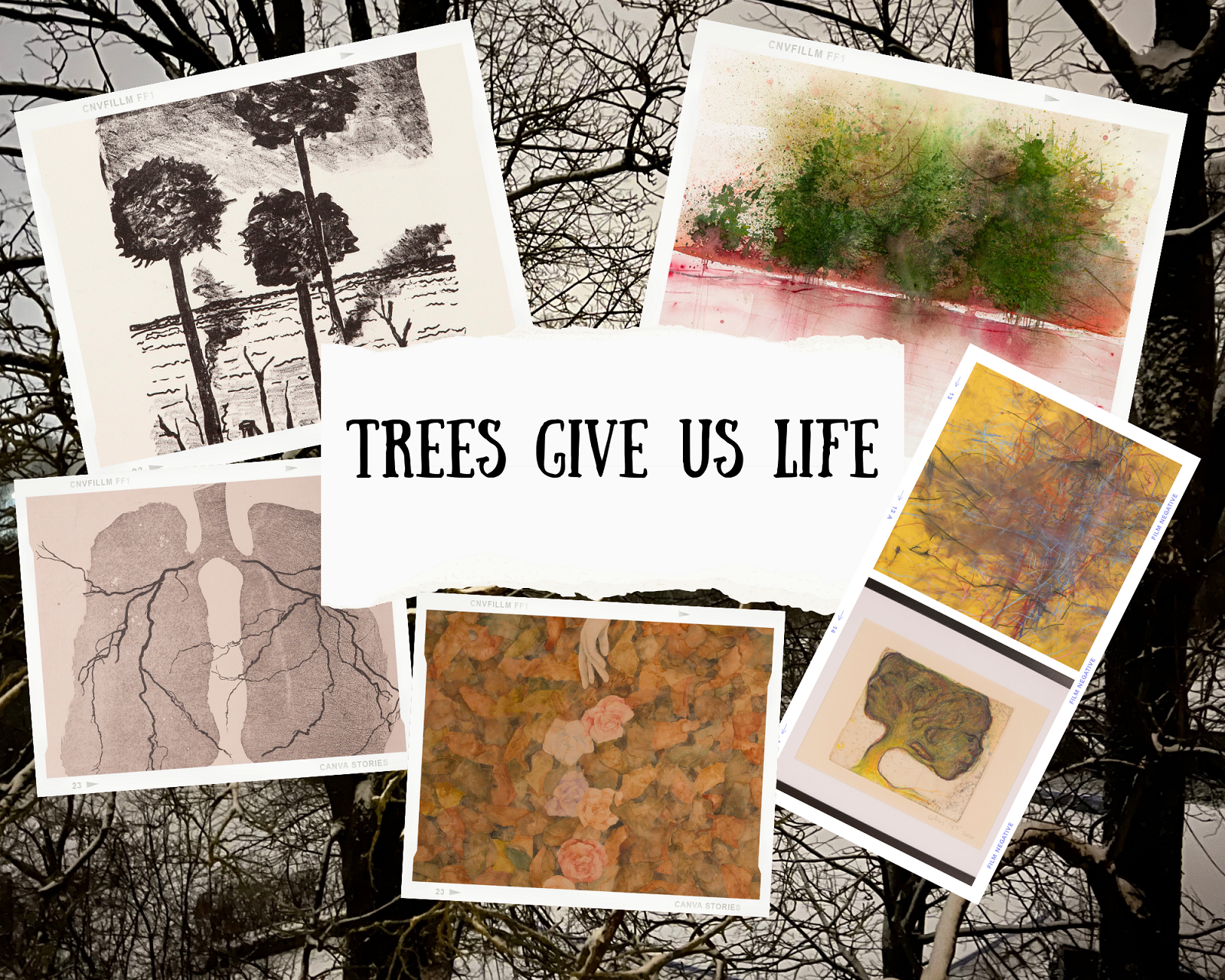 Composizione con scritta "Trees give us life" e sei opere d'arte che ritraggono alberi