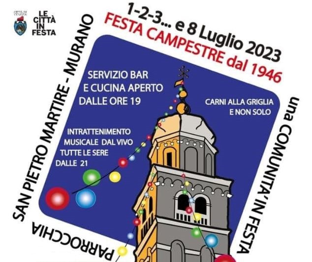 Composizione grafica: disegno della punta di un campanile iscritto in un quadrato, contorniato da titolo della Festa e scritte