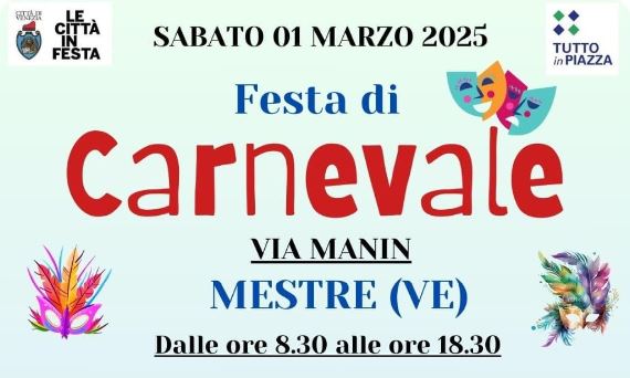 Grafica: titolo dell'evento circondato da maschere di carnevale