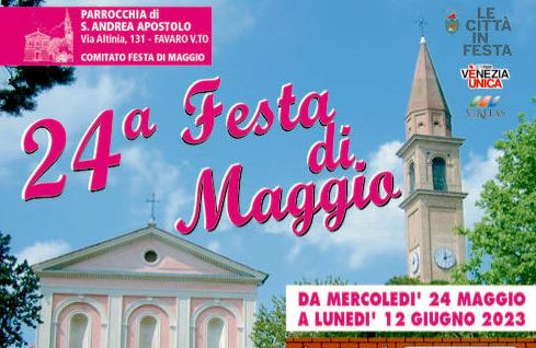 Composizione grafica: chiesa, campanile e scritta "Festa di Maggio"