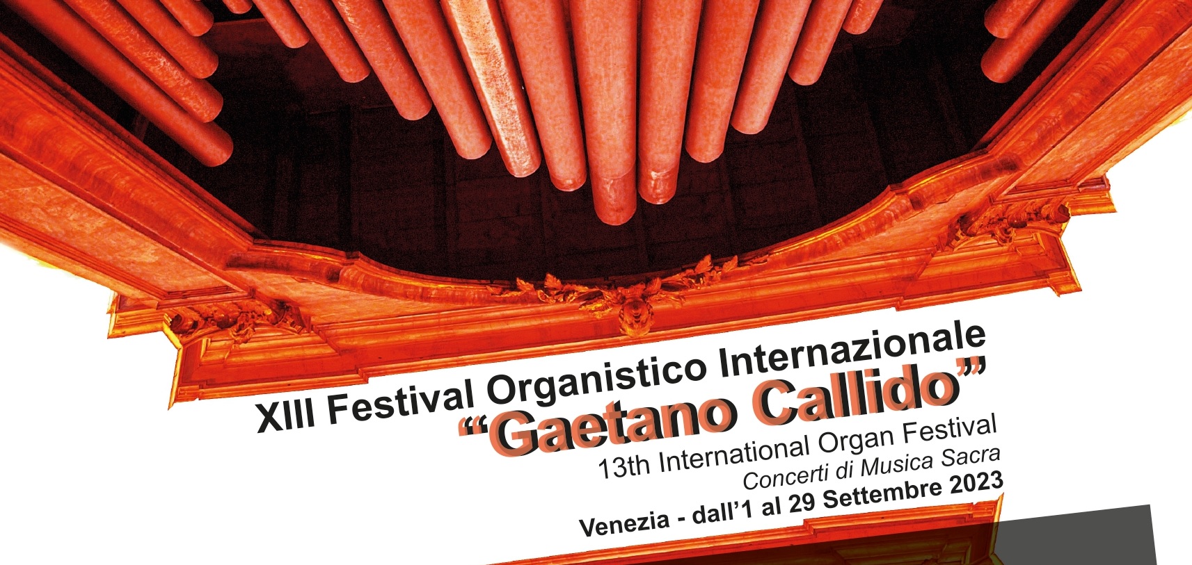 Composizione grafica: disegno di un organo ed elenco di concerti