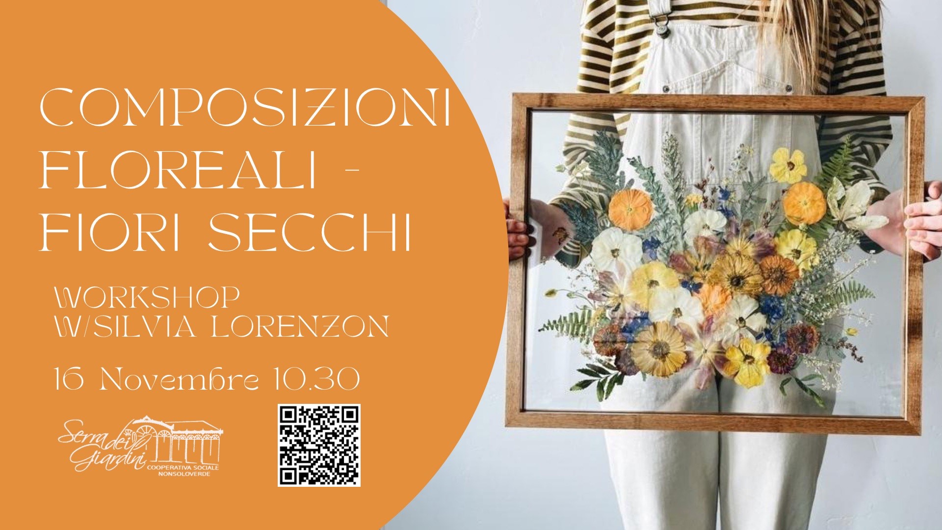 Grafica: a dx donna regge quadro con fiori secchi; a sx titolo dell'evento e informazioni