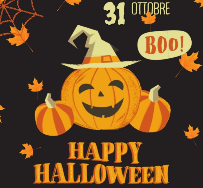 Grafica: zucca di Halloween con cappello da strega circondata da altre zucche e foglie autunnali