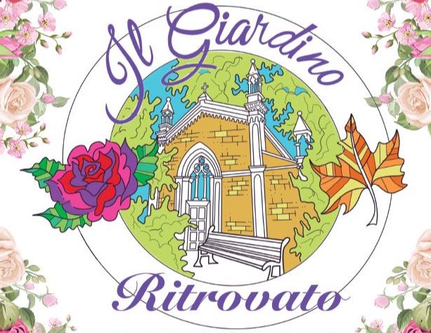 Disegno di una chiesa contornata da pianta e fiori, attorno, a cerchio, la scritta "Il Giardino Ritrovato"