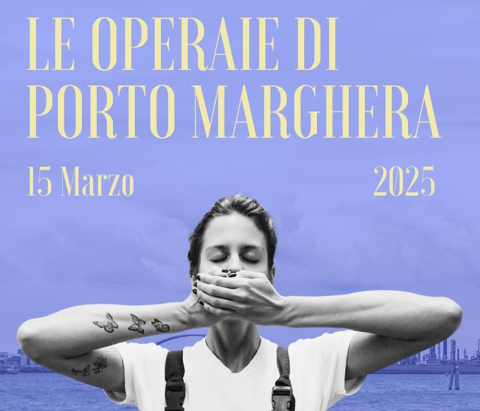 Grafica: in alto, titolo dell'evento; in basso, foto di donna a chiusi e con le mani sulla bocca