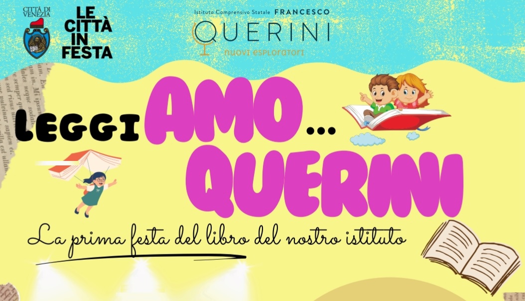 Grafica con titolo dell'evento, loghi e disegno di bambini che usano libri come ali