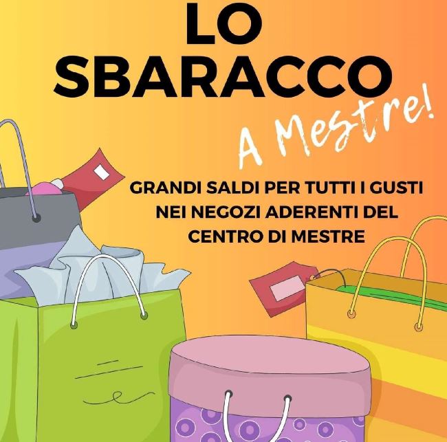 Composizione grafica: in alto scritta "Lo Sbaracco", in basso disegni di borse e scatole da shopping