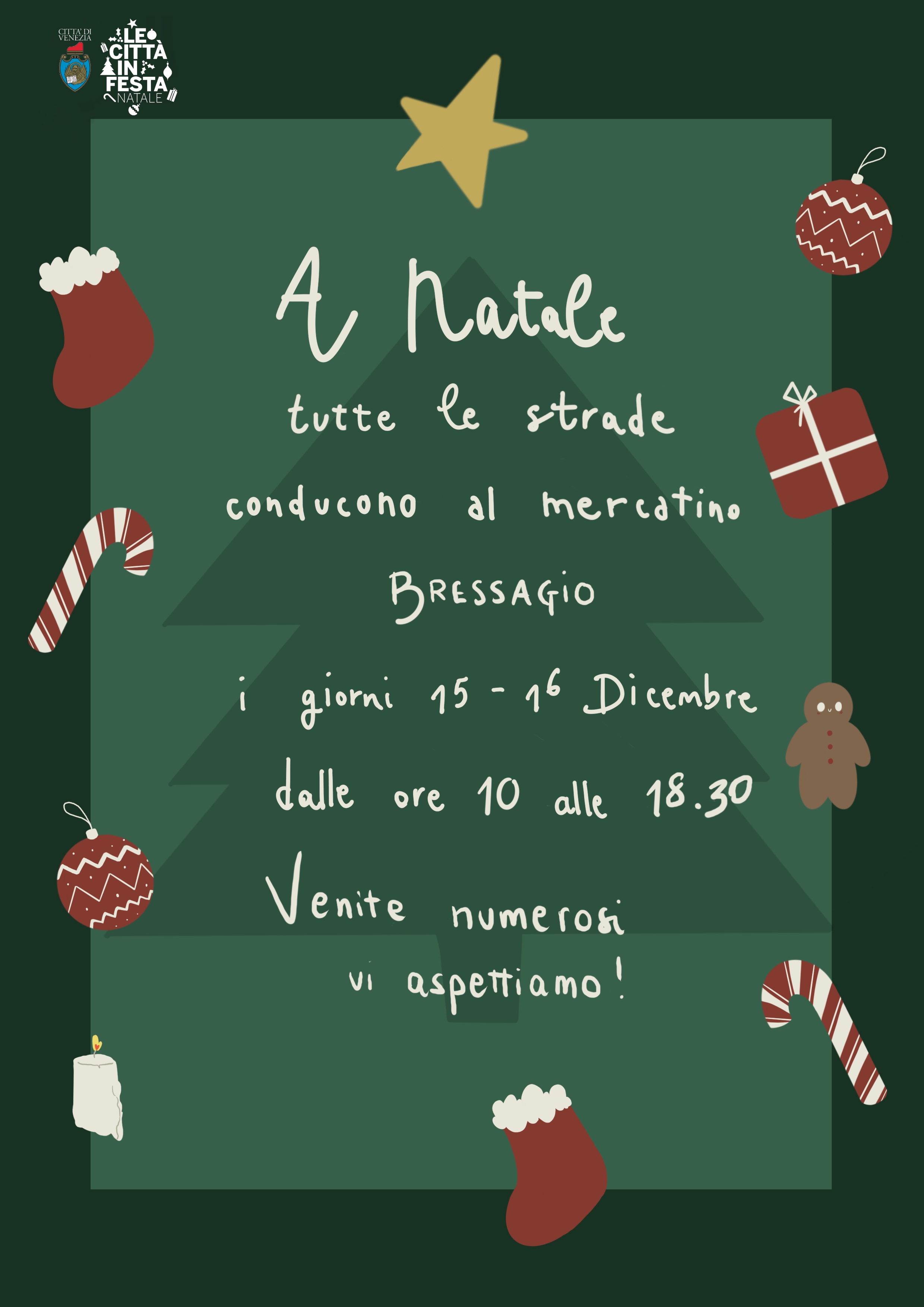 Locandina con informazioni sul mercatino e decorazioni natalizie (stelle, pacchetti, bastoncini di zucchero)