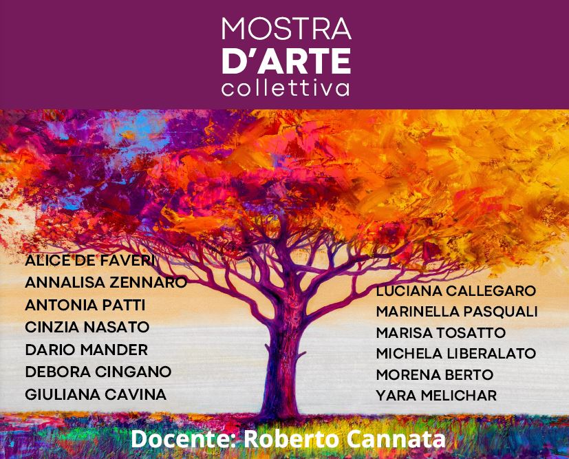 Composizione grafica: in alto il titolo dell'evento, in basso dipinto di albero con chioma dai colori autunnali