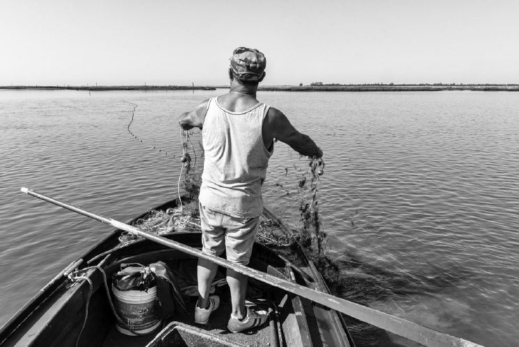 Uomo visto di spalle sulla prua di una barca in laguna mentre maneggia delle reti da pesca