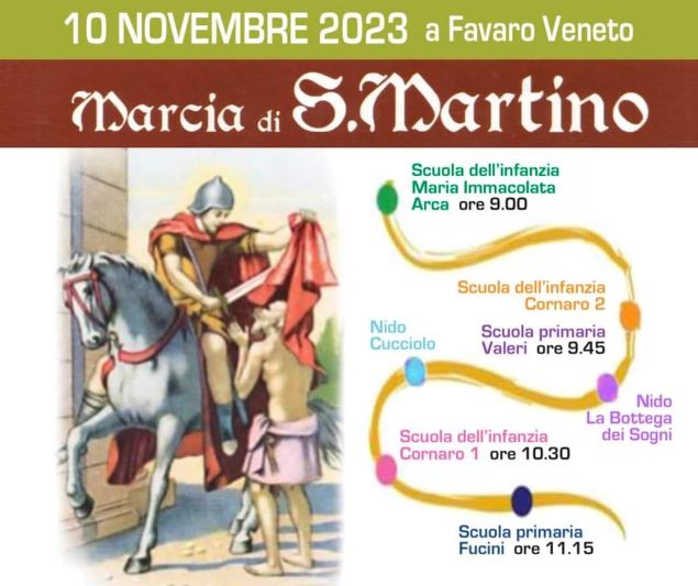 Composizione grafica: in alto scritta "Marcia di San Martino"; a sx disegno di San Martino a cavallo; a dx percorso della marcia