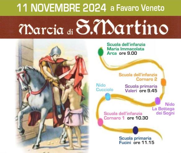 Composizione grafica: a sx immagine di San Martino e il poverello; in alto, titolo; a dx, percorso del corteo