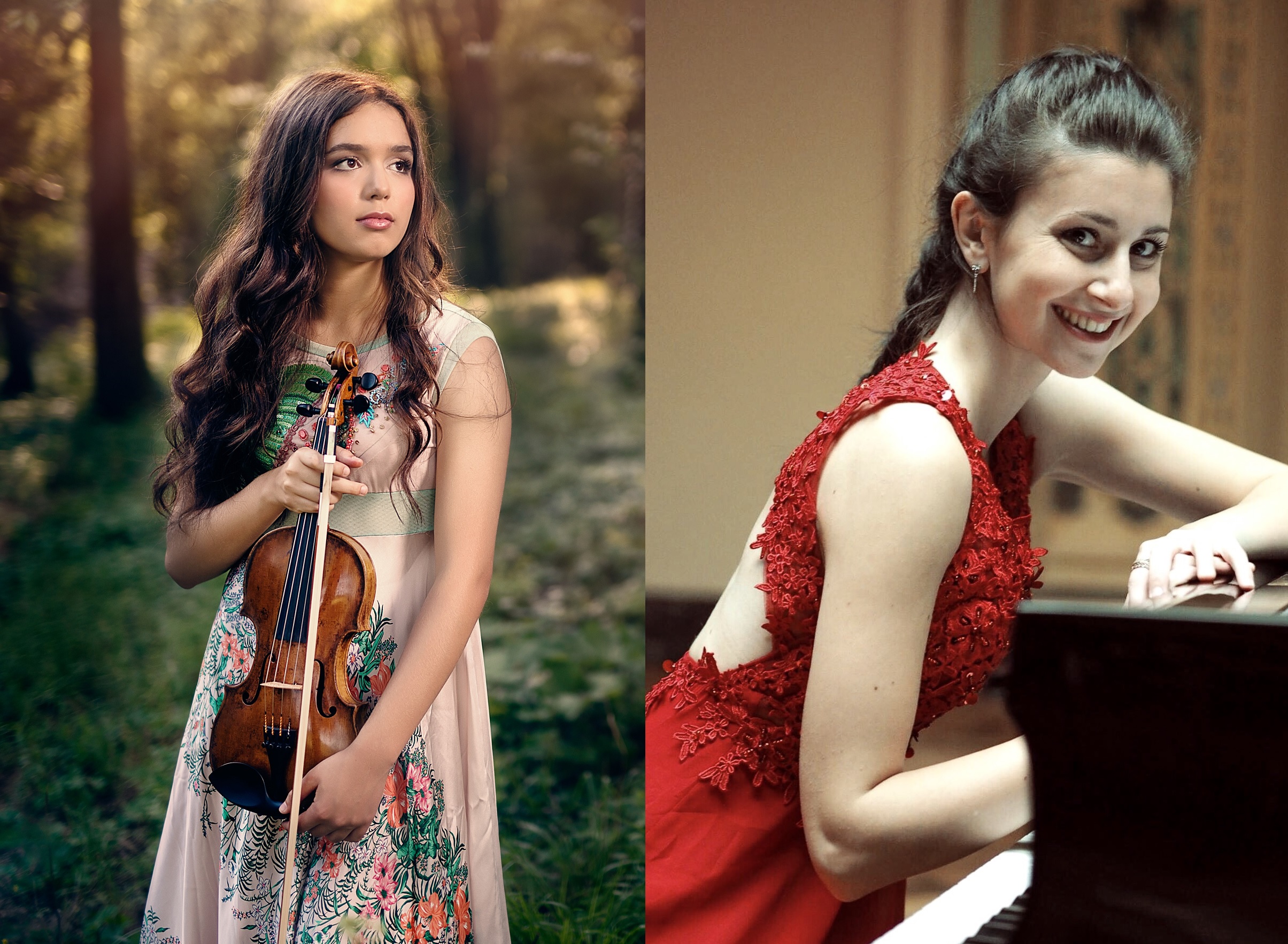 Composizione fotografica: a sx ragazza in un prato tiene in mano un violino; a dx ragazza siede al pianoforte