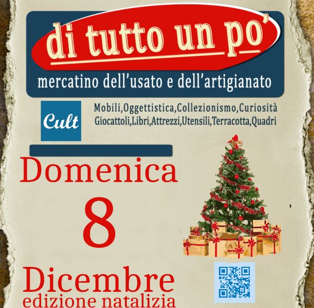 Grafica con titolo dell'evento, informazioni e disegno di un albero di Natale circondato da doni