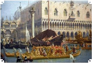 Dipinto settecentesco che riproduce la barca del Doge di Venezia che sfila di fronte a piazza San Marco