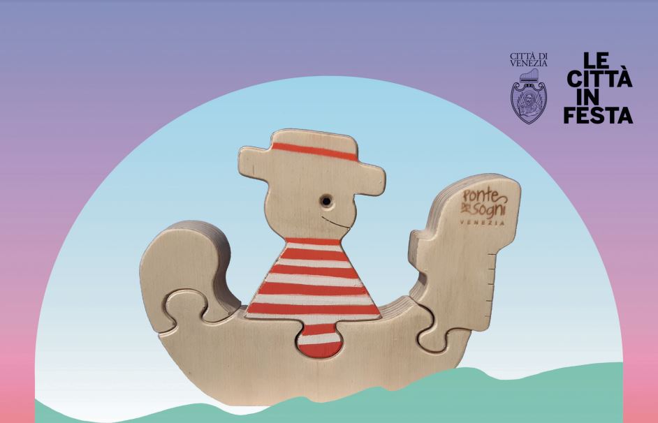 Puzzle di legno per bambini che ritrae una gondola e un gondoliere