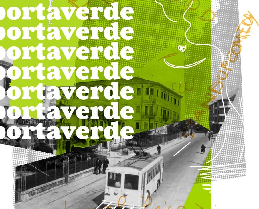 Composizione grafica: scritta "portaverde" ripetuta 6 volte sopra foto di vecchio tram