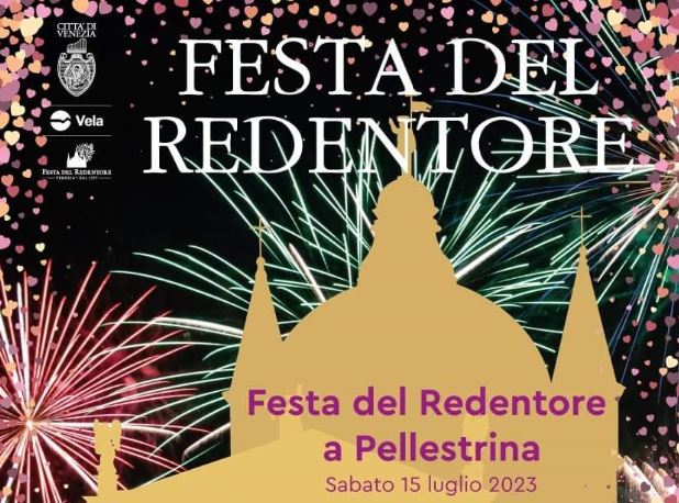 Composizione grafica: silhouette di una chiesa, sullo sfondo fuochi d'artificio. In alto il titolo "Festa del Redentore"