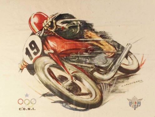 Particolare di locandina di gara motociclistica degli anni '50: disegno di una moto in piega