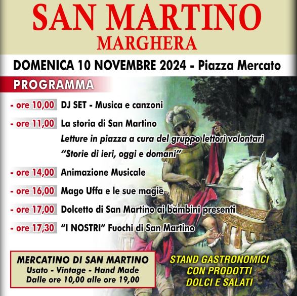 Composizione grafica: a dx figura di San Martino; in alto, titolo; a sx, programma delll'evento