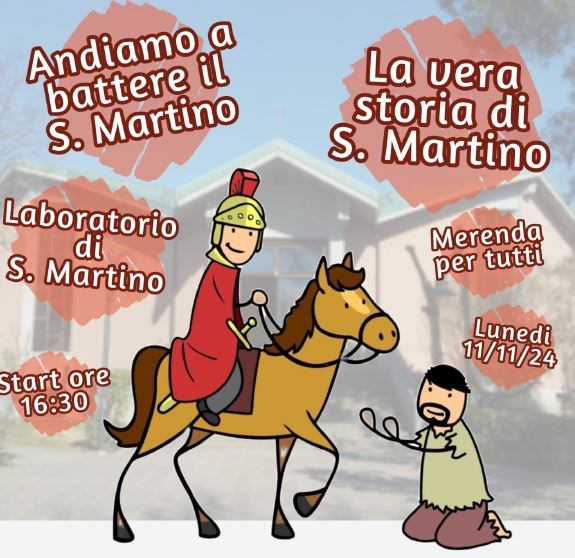 Grafica: San Martino e il poverello circondati da scritte che descrivono le caratteristiche della festa