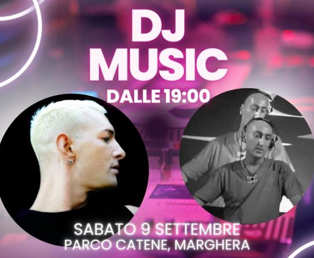 In alto scritta "Dj Music"; in basso due tondi in cui sono le foto di due uomini: uno di profilo, l'altro ai piatti da dj