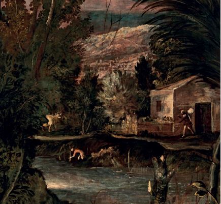 Particolare di un dipinto di Tintoretto: paesaggio fluviale con un uomo in barca e uno su una riva di fronte a una casa