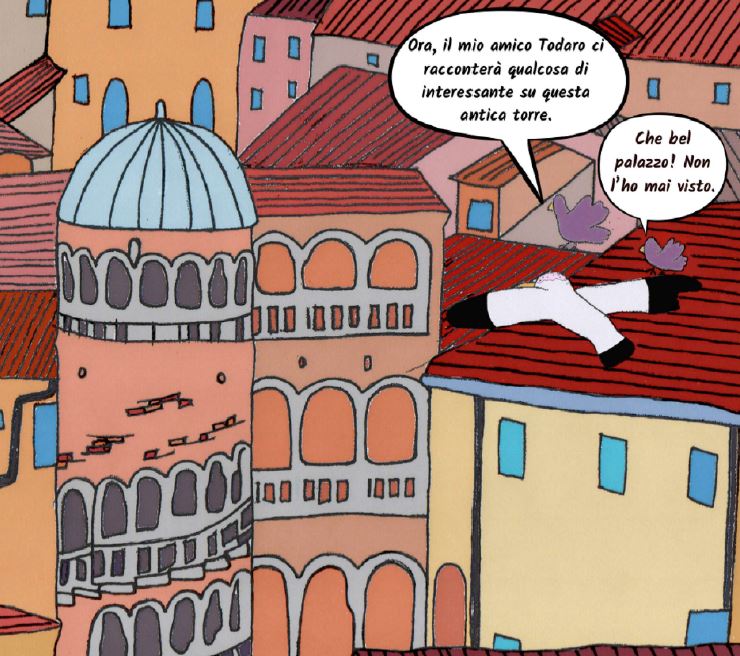 Vignetta di un fumetto con due piccioni e un gabbiano che parlano in volo su Venezia
