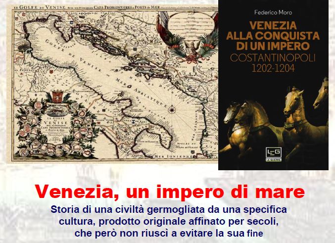 Composizione con titolo della conferenza, antica mappa dell'Adriatico e copertina di libro che reca cavalli basilica di S. Marco