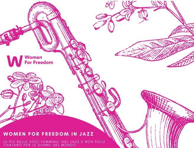Grafica: disegno di un sassofono; in basso a sx la scritta "Women for Freedom in Jazz"