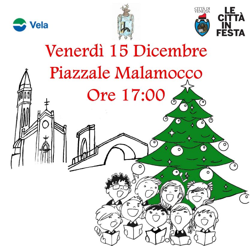 Composizione grafica: disegno di bambini che cantano di fronte ad albero di Natale; sopra titolo e info sull'evento