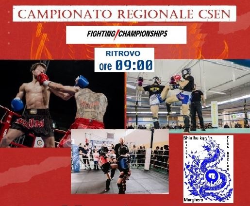 Grafica: al centro tre foto di combattimenti di arti marziali e un logo con un dragone; in alto, titolo dell'evento