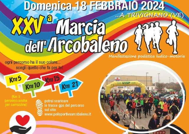 Grafica con titolo e info sull'evento su fondo arcobaleno, con una foto di marcia podistica in basso a destra